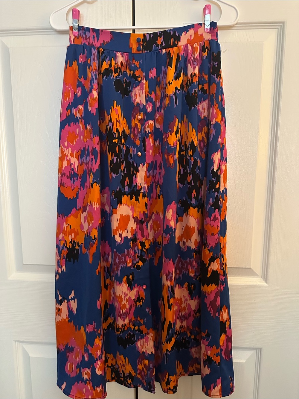 SHEIN Navy Midi Skirt with Pink & Orange Abstract Floral Print